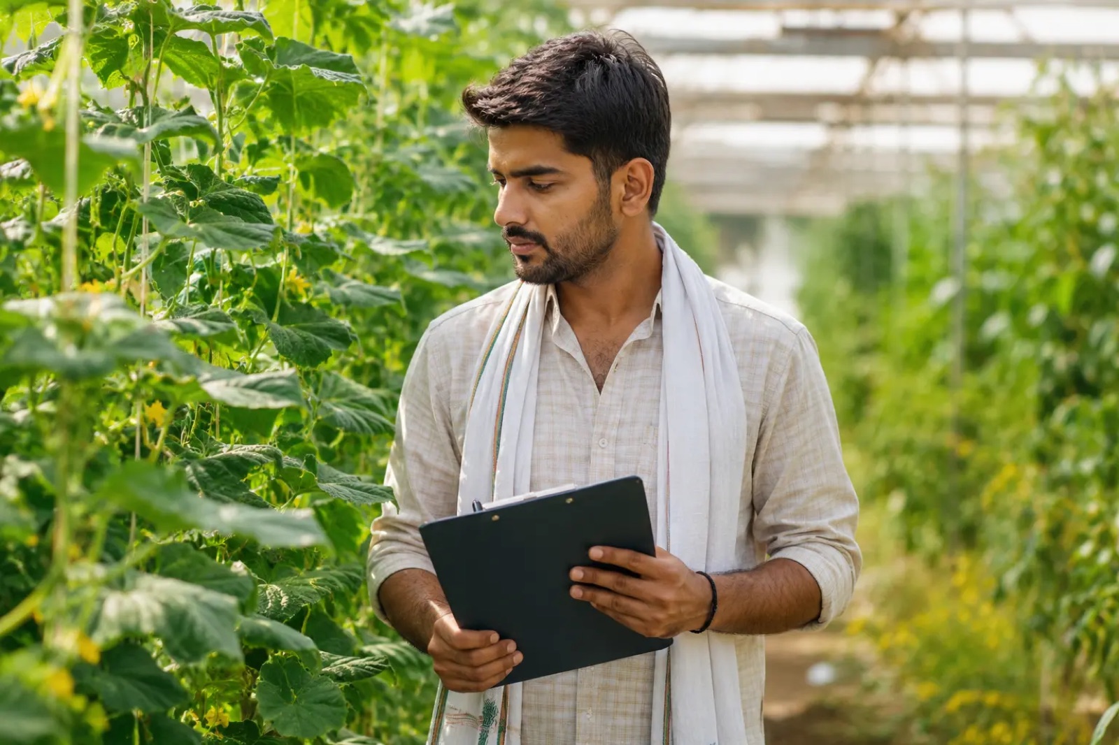 A farm worker tending crops